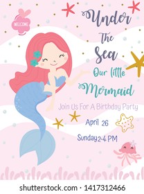 Cute mermaid theme birthday party invitation card vector illustration.