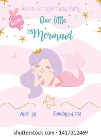 Cute mermaid theme birthday party invitation card vector illustration.