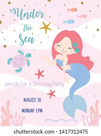 Cute mermaid theme birthday party invitation card vector illustration.