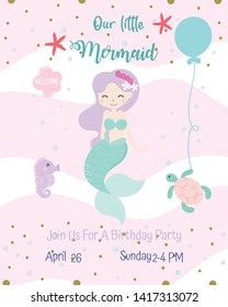 Cute mermaid theme birthday party invitation card vector illustration.