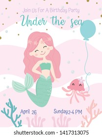 Cute Mermaid Theme Birthday Party Invitation Card Vector Illustration.