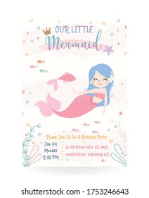 Cute Mermaid Theme Birthday Party Invitation Card Vector Illustration.