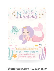 Cute mermaid theme birthday party invitation card vector illustration.