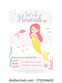 Cute mermaid theme birthday party invitation card vector illustration.