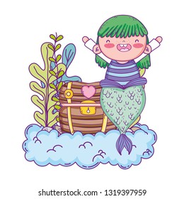 cute mermaid with treasure chest in clouds