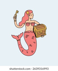 cute mermaid treasure chest retro cartoon illustration