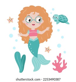 Cute mermaid with turtle, starfish and underwater plants. Flat cartoon characters. Hand drawn seaweeds and coral. Vector illustration for children books, greeting cards, poster and prints.