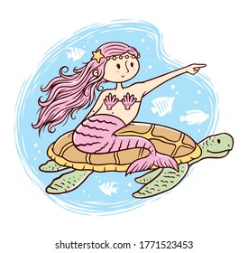 Cute mermaid and turtle vector illustration