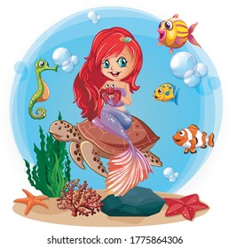 Cute mermaid with a turtle, vector illustration for children