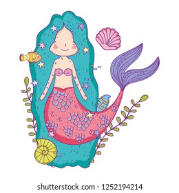 cute mermaid under sea with seaweed