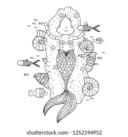 cute mermaid under sea with seaweed