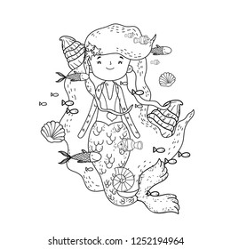 cute mermaid under sea with seaweed