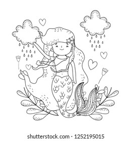 cute mermaid under sea with seaweed