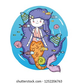 cute mermaid under sea with seaweed