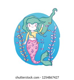 cute mermaid under sea with seaweed
