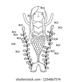 cute mermaid under sea with seaweed
