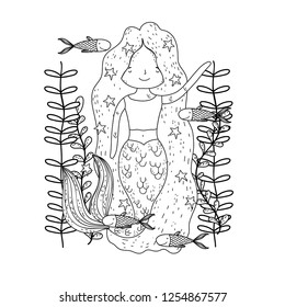 cute mermaid under sea with seaweed