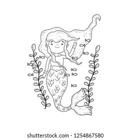 cute mermaid under sea with seaweed