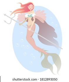 Cute mermaid under the sea with trident in her hands