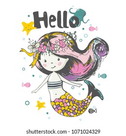 Cute Mermaid  under the water.cartoon hand drawn vector illustration. Can be used for baby t-shirt print, fashion print design, kids wear, baby shower celebration greeting and invitation card