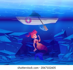 Cute mermaid underwater sea view with boat and human figure above. Cartoon character beautiful girl with red hair and fish tail swim at ocean bottom. Fairy tale mythology personage Vector illustration