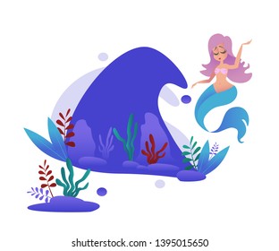 Cute mermaid and underwater world in wave - cartoon vector illustration