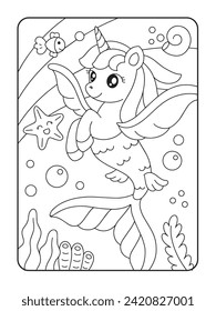 Cute mermaid unicorn coloring page illustration