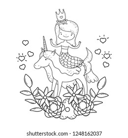 cute mermaid with unicorn and floral decoration