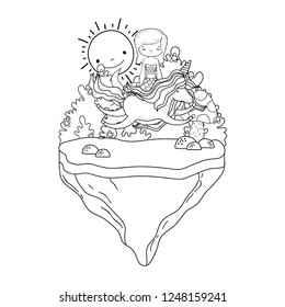 cute mermaid with unicorn in the landscape