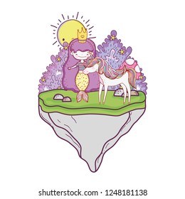 cute mermaid with unicorn in the landscape