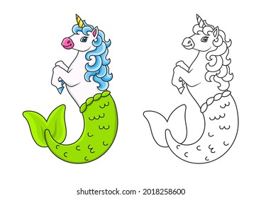 Cute mermaid unicorn. Magic fairy horse. Coloring book page for kids. Cartoon style. Vector illustration isolated on white background.