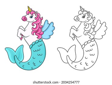 Cute mermaid unicorn. Magic fairy horse. Coloring book page for kids. Cartoon style. Vector illustration isolated on white background.