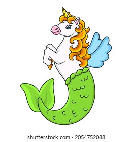 Cute mermaid unicorn. Magic fairy horse. Cartoon character. Colorful vector illustration. Isolated on white background. Design element. Template for your design, books, stickers, cards.