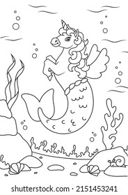 Cute mermaid unicorn. Magic fairy horse. Coloring book page for kids. Cartoon style. Vector illustration isolated on white background.