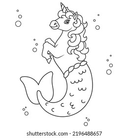 Cute mermaid unicorn. Magic fairy horse. Coloring book page for kids. Cartoon style. Vector illustration isolated on white background.