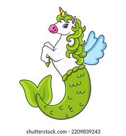 Cute mermaid unicorn. Magic fairy horse. Cartoon character. Colorful vector illustration. Isolated on white background. Design element. Template for your design, books, stickers, cards.