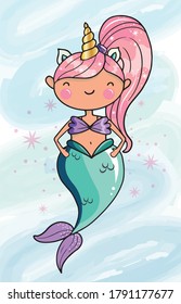 cute mermaid unicorn with pink hair  - vector illustration - kawaii