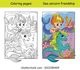 Cute mermaid and unicorn swim under the water. Coloring book page for children with colorful template. Vector cartoon isolated illustration. For coloring book, education, print, game, decor, puzzle