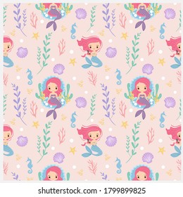 cute mermaid and variety underwater plants seamless pattern