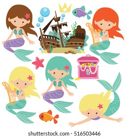 Cute Mermaid Vector Cartoon Illustration