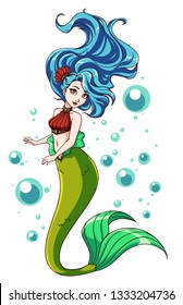 Cute mermaid vector design. Cartoon girl with blue hair and green fishtail. isolated on white background and bubbles. Template for design cards, notebook, shop, poster.