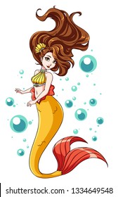 Cute mermaid vector design. Cartoon girl with brown hair and yellow fishtail. isolated on white background and bubbles. Template for design cards, notebook, shop, poster.