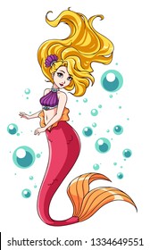 Cute mermaid vector design. Cartoon girl with blonde hair and pink fishtail. isolated on white background and bubbles. Template for design cards, notebook, shop, poster.