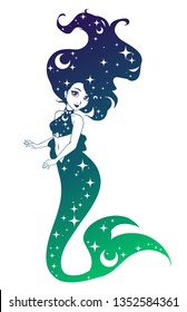 Cute mermaid vector design. Contour hand drawn girl with rainbow gradient hair and tail. Stars and moon in hair. Isolated on white. Template for design cards, logo, shop, poster, tattoo.