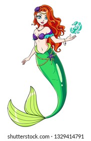 Cute mermaid vector design. Girl with red hair and green fish tail. Hand drawn vector illustration. Template for design cards, notebook, shop, poster.