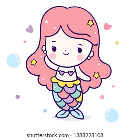 Cute mermaid vector girl cartoon Kawaii character fairytale pastel color -Perfect for kid's greeting card design and Print for t-shirt. Romantic hand drawing or decoration kid’s room