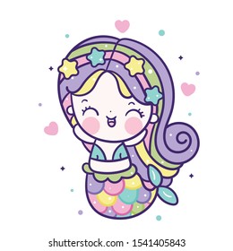 Cute mermaid vector girl cartoon Kawaii character fairytale pastel color, Nursery decoration: Illustration of doodle hand drawn on white background 