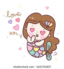 Cute mermaid vector girl cartoon Kawaii character fairytale pastel color (Nursery wall) -Perfect for kid greeting card design and Print for t-shirt. Romantic hand drawing or decoration room.
