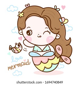 Cute mermaid vector girl cartoon Kawaii character fairytale pastel color, ocean marine girly doodles -Perfect for greeting card design and Print t-shirt. Romantic hand drawing or decoration kids room.