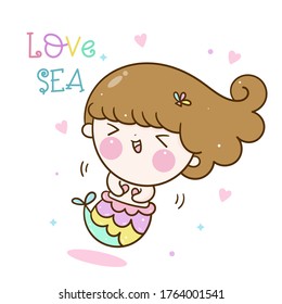 Cute mermaid vector girl cartoon marine ocean happy fish: Series Kawaii animals character design sweet fairytale Girly doodles pastel color. Perfect for greeting card, Print t-shirt. Romantic drawn.